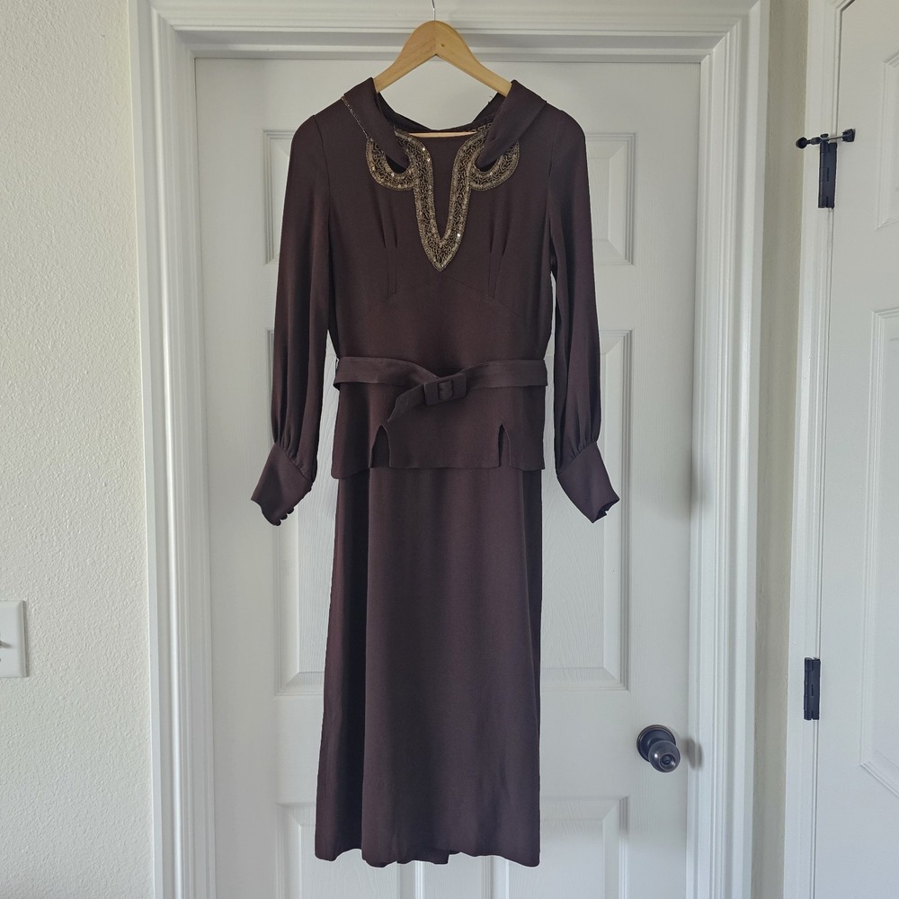 1940s Vintage Blue Eagle Brown Rayon Crepe Peplum Gold Beaded Dress Belt Set #90